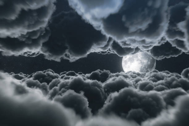istock Beautiful realistic flight over cumulus lush clouds in the night moonlight. A large full moon shines brightly on a deep starry night. Cinematic scene. 3d illustration 1178576143