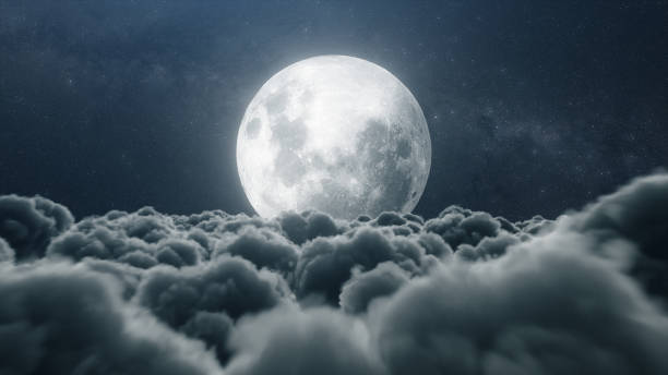 istock Beautiful realistic flight over cumulus lush clouds in the night moonlight. A large full moon shines brightly on a deep starry night. Cinematic scene. 3d illustration 1178576144
