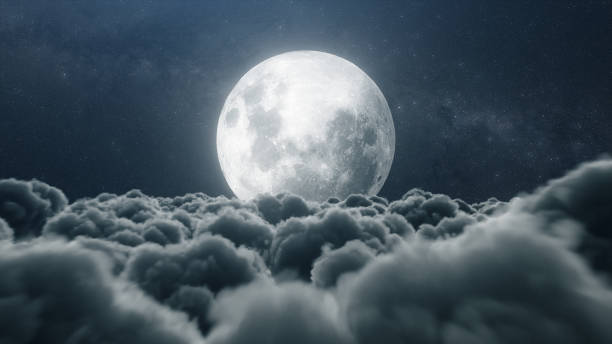 Beautiful realistic flight over cumulus lush clouds in the night moonlight. A large full moon shines brightly on a deep starry night. Cinematic scene. 3d illustration stock photo