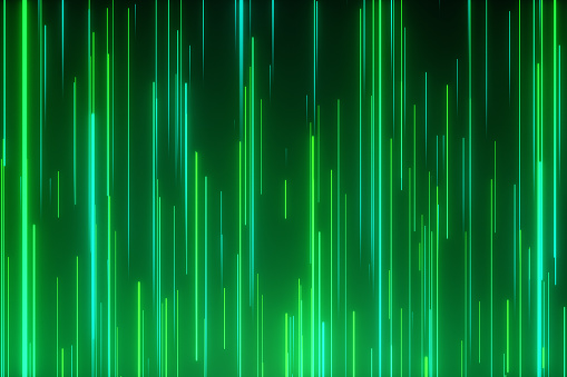 Abstract directional neon lines geometric background. Data flow. Optical fiber. Explosion star. 3d illustration motion effect. Green technology light spectrum, fluorescent light.