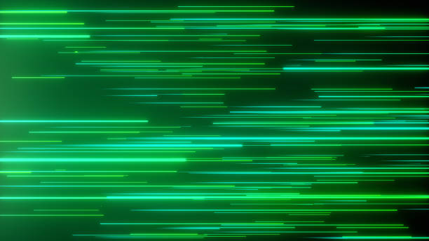 Abstract directional neon lines geometric background. Data flow. Optical fiber. Explosion star. 3d illustration motion effect. Green technology light spectrum, fluorescent light.