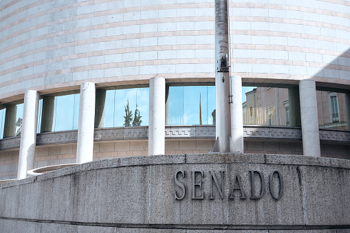 MADRID, SPAIN - SEPTIEMBRE 2019 - Edificio y fachada del Senado con signo (SENADO). photo