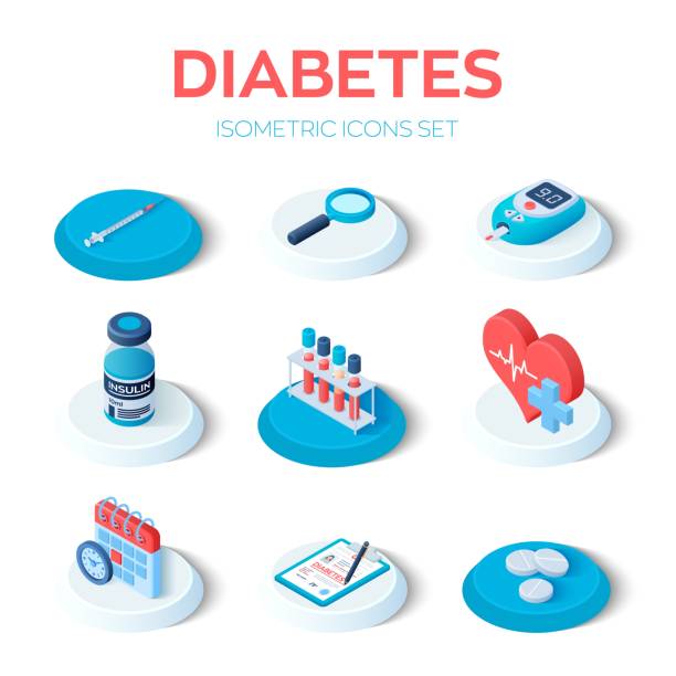 ilustrações de stock, clip art, desenhos animados e ícones de diabetes - isometric icons set. blood glucose meter, pills, syringe, insulin vial, calendar, search icon. diabetes mellitus type 2 and insulin production concept. vector illustration. - insulin vial diabetes syringe