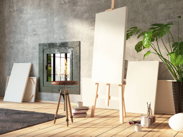 istock Interior with Fireplace and Artist's Canvas 1178578839