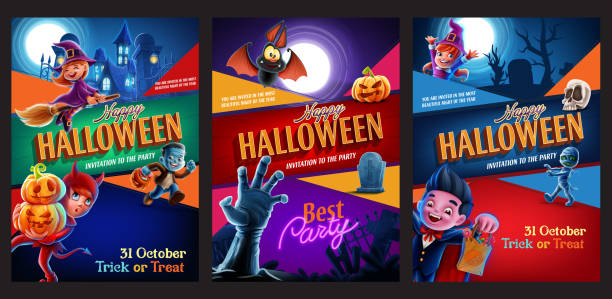 ilustrações de stock, clip art, desenhos animados e ícones de ticket for the halloween party - halloween witch child pumpkin