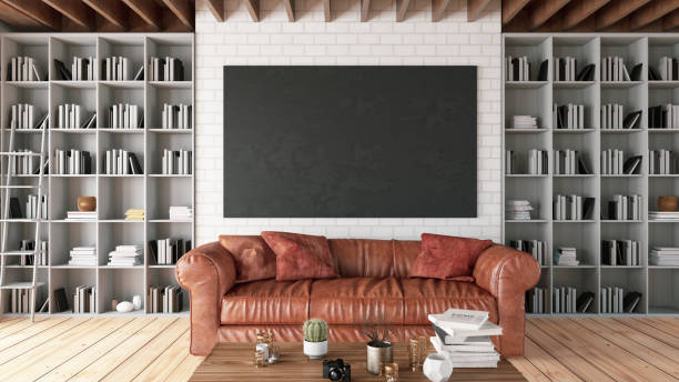istock Empty Picture Frame on Living Rooms Wall with Library 1178580255