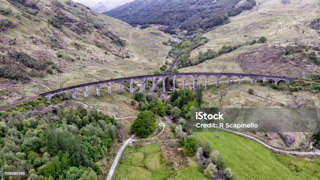 Glenfinnan Viaduct, aerial view by drone - Scotland, UK Fort William Stock Photo