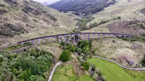 Glenfinnan Viaduct, aerial view by drone - Scotland, UK