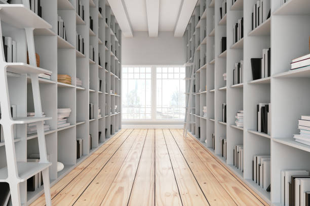 corredor da biblioteca com prateleiras de madeira - library book white shelf - fotografias e filmes do acervo