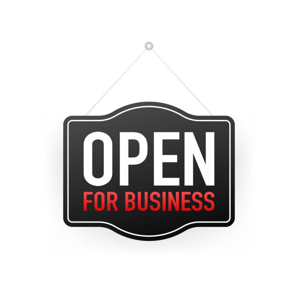 Open for business sign. Flat design for business financial marketing banking advertisement office people life property stock fund commercial background in minimal concept cartoon illustration Open for business sign. Flat design for business financial marketing banking advertisement office people life property stock fund commercial background in minimal concept cartoon illustration. restaurant labor union stock illustrations