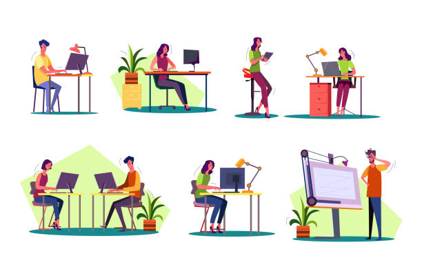 Professional at workplaces set Professional at workplaces set. Man and woman working on desktop, laptop, tablet, blueprint. Business concept. Vector illustration for posters, presentations, landing pages landing page photos stock illustrations