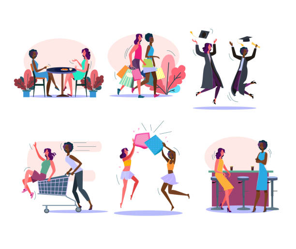 Female friends activities set Female friends activities set. Women drinking coffee, doing shopping, graduating, having fun together. Friendship concept. Vector illustration for posters, presentations, landing pages landing page photos stock illustrations