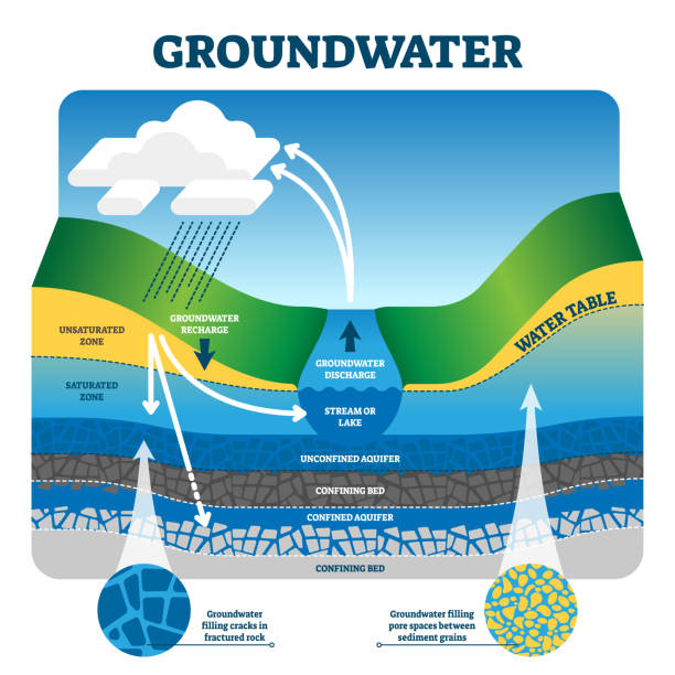 ilustrações de stock, clip art, desenhos animados e ícones de groundwater vector illustration. labeled educational earth liquid exchange. - groundwater