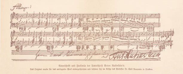 rękopis i podpis antona rubinsteina (1829-1894), faksymile, 1885 - backgrounds etching yellow paper stock illustrations