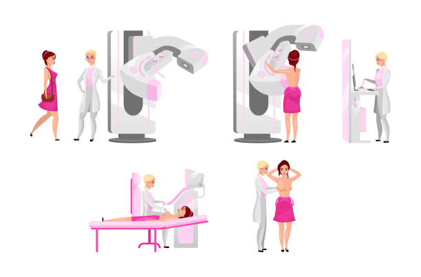 illustrations, cliparts, dessins animés et icônes de illustrations plates d'examen médical de sein ensemble. mammographie, sonographie médicale diagnostique et palpation. concept d'examen de prévention du cancer du sein. mammalogist et caractère féminin de dessin animé patient - mammogram