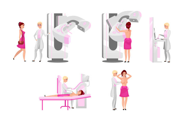 ilustrações de stock, clip art, desenhos animados e ícones de breast medical examination flat illustrations set. mammography, diagnostic medical sonography and palpation. breast cancer prevention exam concept. mammalogist and female patient cartoon character - mammogram