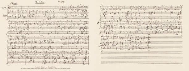 Manuscript of The Violet by Wolfgang Amadeus Mozart, facsimile, 1885 Handwritten music score of "The Violet (Das Veilchen)" - a song for voice and piano by Wolfgang Amadeus Mozart, written in Vienna on 8 June 1785, to a poem by Johann Wolfgang von Goethe. Facsimile, published in 1885. sheet music stock illustrations