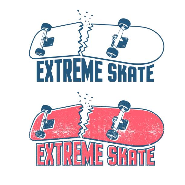 Broken skateboard emblem in vintage print style Broken skateboard emblem in vintage print style. Extreme skate sticker. Grunge distressed texture on a separate layer. skateboard tattoo stock illustrations
