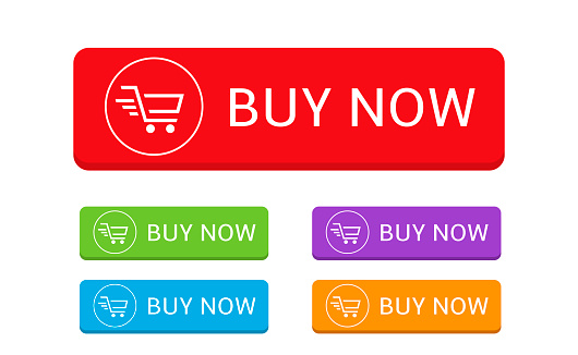 Buy now. Colored Buy it now banner template set, basket icon