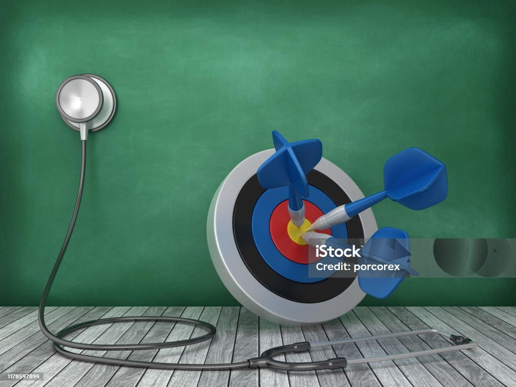Stethoscope with Target with Darts on Chalkboard Background - 3D Rendering Accuracy Stock Photo