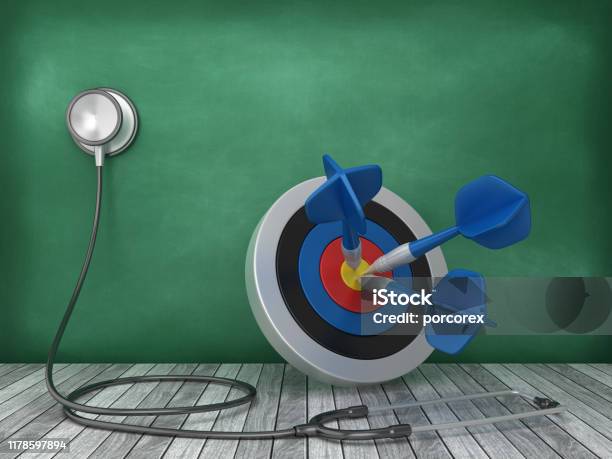 Stethoscope With Target With Darts On Chalkboard Background 3d Rendering Stock Photo - Download Image Now