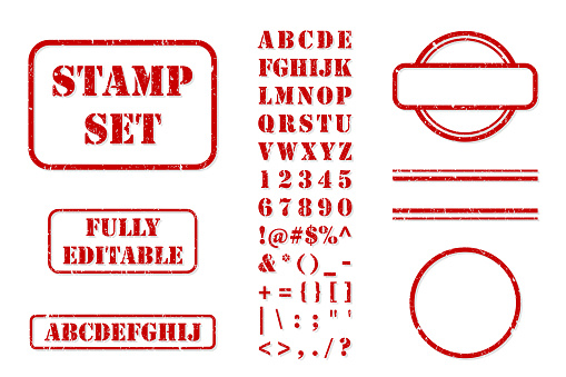 Complete set of vector elements needed to create red rubber stamps with texture