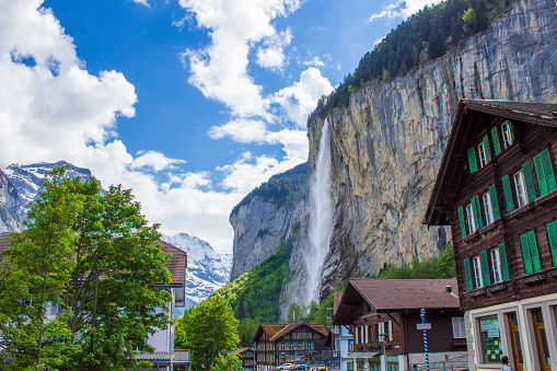 Murren, Switzerland - May 11, 2018: Lauterbrunnen. Swiss Alps. Valley of waterfalls. Mountain village