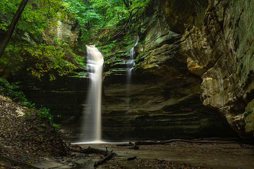 Water in full flow after heavy fall rain.  Ottawa canyon, starved rock state park, Illinois.