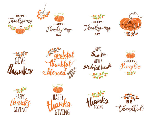 Vector Thanksgiving lettering elements for invitations or festive greeting cards Vector Thanksgiving lettering elements for invitations or festive greeting cards. Handwritten calligraphy set: Grateful Thankful Blessed Give thanks Autumn design for greeting print with pumpkin grateful stock illustrations