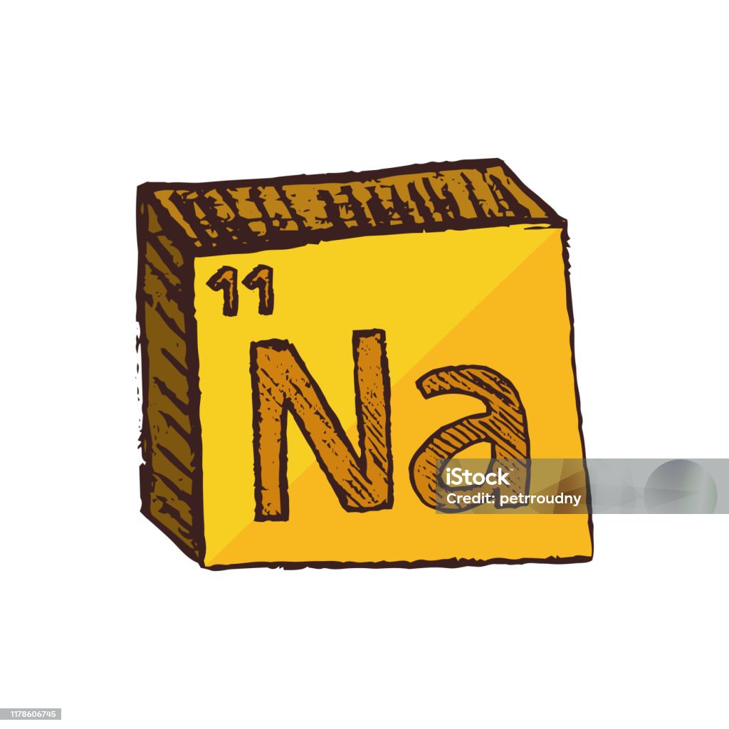 Vector three-dimensional hand drawn chemical yellow symbol of sodium or natrium with an abbreviation Na from the periodic table of the elements isolated on a white background. Vector yellow symbol of the elementsodium or natrium Na. It is a soft, silvery white, highly reactive alkali metal, the most common element of alkali metals. Element is isolated on a white background. Periodic Table stock vector