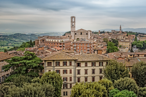 View of the Basilica of San Domenico with medieval houses in Perugia historic quarter, Umbria, Italy