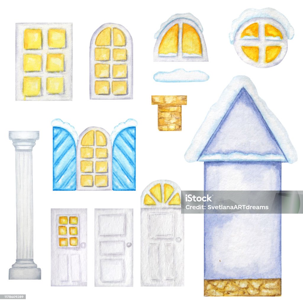 Cute Cartoon Blue House Windows Doors Christmas Decorations Constructor On  White Background Elements Set Perfect For Creating Your House Design  Watercolor Illustration Stock Illustration - Download Image Now - iStock