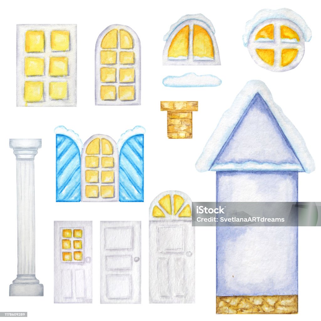 Cute Cartoon Blue House Windows Doors Christmas Decorations Constructor On White Background Elements Set Perfect For Creating Your House Design Watercolor Illustration Stock Illustration - Download Image Now - iStock Cute Cartoon Blue House Windows Doors Christmas Decorations Constructor On White Background Elements Set Perfect For Creating Your House Design Watercolor Illustration Stock Illustration - Download Image Now - iStock