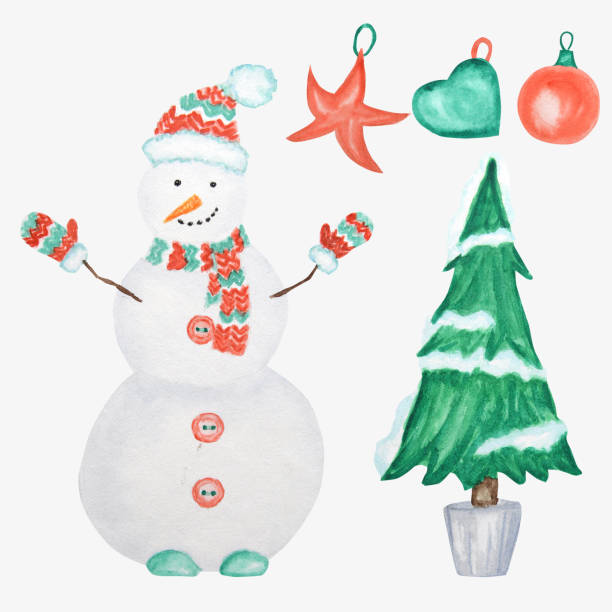 istock New Year Christmas tree and Snowman on white background. Hand drawn vintage card design. Watercolor Winter nature illustration set 1178609317