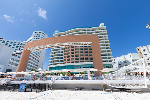 Cancun, Mexico - Aug 30, 2019 : Beautiful view of Beach Palace Resort at Cancun beach, Caribbean Sea