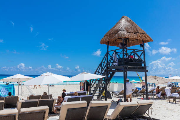Cancun, Mexico - Aug 30, 2019 : Lifeguard tower at Cancun beach, Caribbean Sea