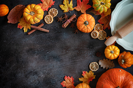 Autumn background with pumpkins, spices and candied oranges