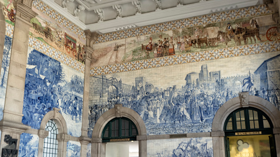 São Bento Station with blue and white decorated tiles at Porto - Portugal