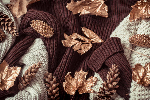 istock Autumn background with cozy sweaters and gold leaves . 1178615598