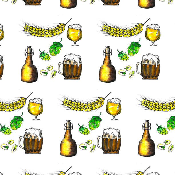 10 월 축제 주제는 흰색 배경 패턴을 통해 고립 설정. - pistachio beer nuts nut backgrounds stock illustrations