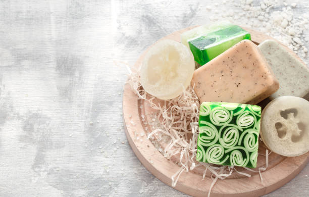 Flat-lay natural bright beautiful cosmetics handmade soap.