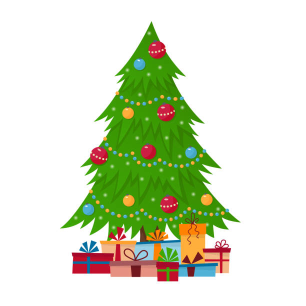 Decorated Christmas Tree With Gift Boxes Lights Decoration Balls And Lamps  Stock Illustration - Download Image Now - iStock