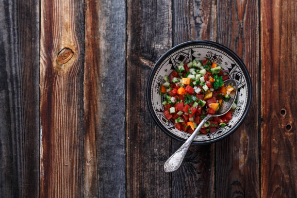 Moroccan salad in traditional plate, copy space stock photo
