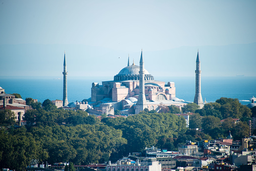 Istanbul, Turkey : July 11, 2023: Kiz Kulesi to Bosphorus in day, Istanbul, Turkey