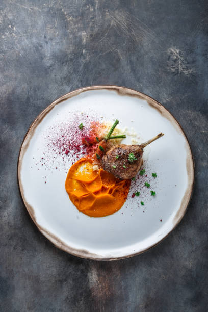 Duck leg confit with batat puree, carrots and couscous, restaurant meal, copy space stock photo