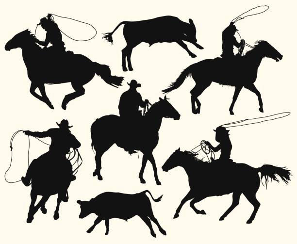 ilustraciones, imágenes clip art, dibujos animados e iconos de stock de vaqueros con lazo montando a caballo en el rodeo - lazo nudo