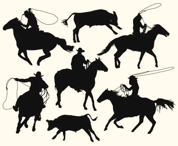 Vector illustration of cowboys with lasso riding a horse at the rodeo