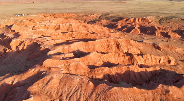 Aerial view of the Bayanzag, flaming cliffs, Gobi Desert, Mongolia stock photo