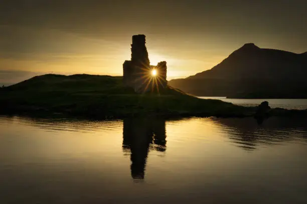 Ardvreck Castle reflections on Loch Assynt in sunset light, Scotland