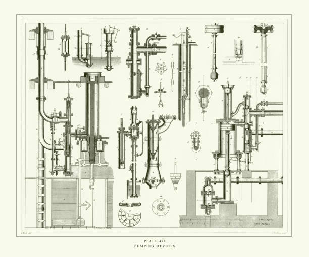 Engraved Antique, Pumping Devices Engraving Antique Illustration, Published 1851 Pumping Devices Engraving Antique Illustration, Published 1851. Source: Original edition from my own archives. Copyright has expired on this artwork. Digitally restored. piston diagram stock illustrations